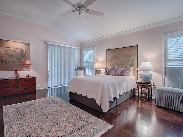 bedroom featuring ceiling fan, lofted ceiling, dark hardwood / wood-style floors, and crown molding