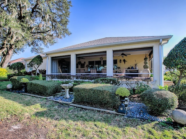 back of house with ceiling fan and a yard