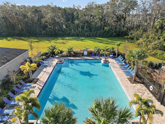 view of swimming pool featuring a patio and a lawn