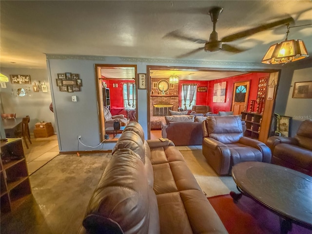 carpeted living room featuring a fireplace and ceiling fan