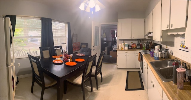 kitchen featuring sink, white appliances, white cabinetry, and ceiling fan