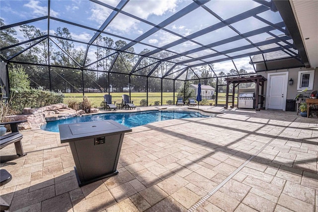 view of swimming pool with a pergola, glass enclosure, and a patio area