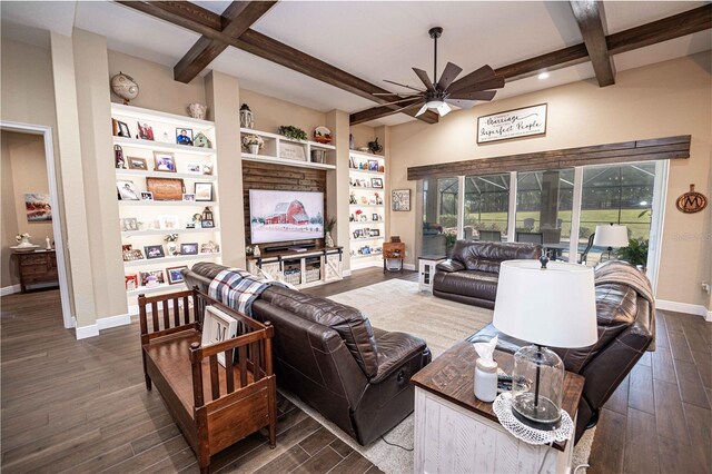 living room featuring ceiling fan, built in features, coffered ceiling, dark hardwood / wood-style flooring, and beam ceiling