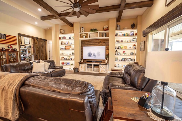 living room featuring built in features, beam ceiling, ceiling fan, and coffered ceiling