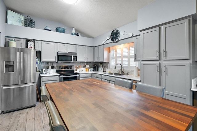 kitchen with sink, butcher block countertops, gray cabinetry, and appliances with stainless steel finishes