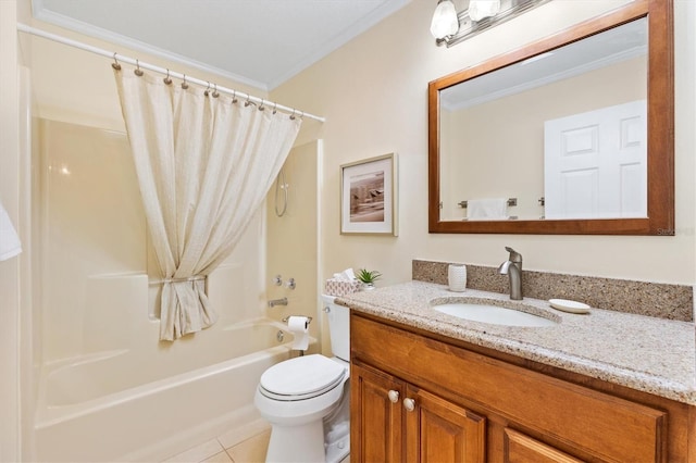 full bathroom with toilet, shower / bath combo, tile patterned floors, and ornamental molding