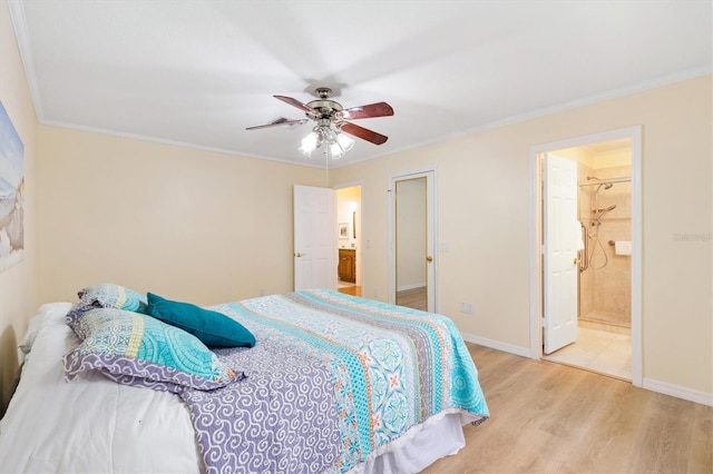 bedroom featuring ensuite bath, ceiling fan, light hardwood / wood-style floors, and ornamental molding