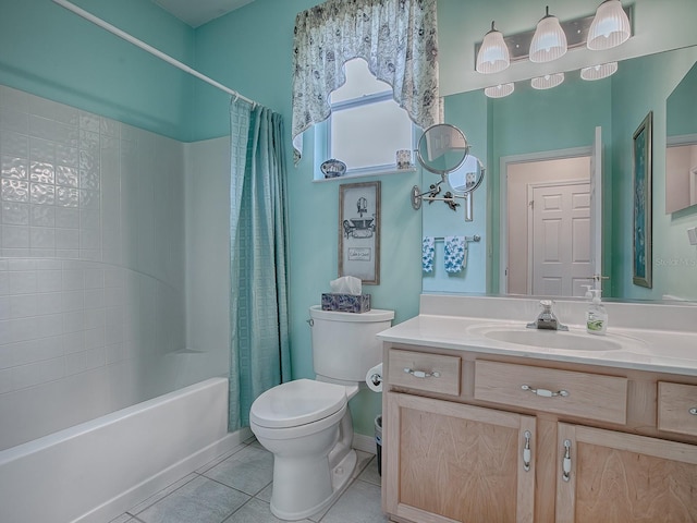 full bathroom featuring toilet, tile patterned flooring, shower / bath combo, and vanity