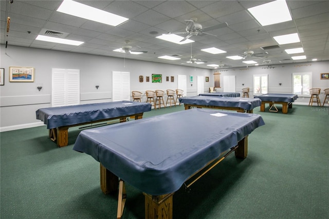 recreation room with billiards, visible vents, a drop ceiling, and carpet flooring