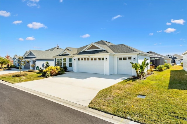 ranch-style home featuring a garage and a front lawn