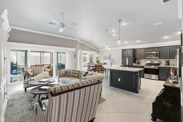 tiled living room with lofted ceiling, ceiling fan, sink, and crown molding