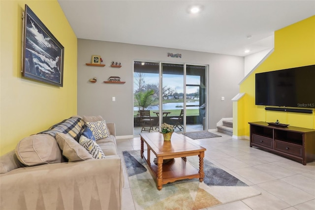 living room featuring light tile patterned flooring