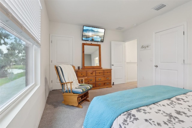 bedroom with light colored carpet and multiple windows