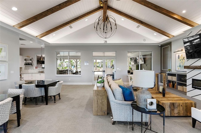 living room featuring light carpet, a chandelier, beam ceiling, and high vaulted ceiling