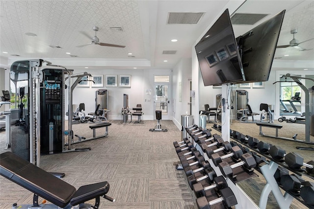 exercise room featuring ceiling fan and carpet floors