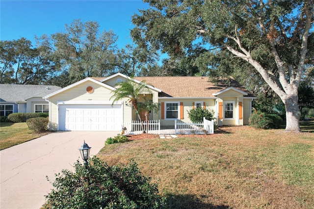 ranch-style house featuring a garage and a front lawn