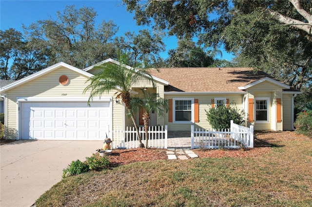 ranch-style house featuring a front yard and a garage