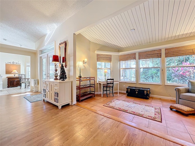 interior space featuring a textured ceiling, light wood-type flooring, vaulted ceiling, and plenty of natural light