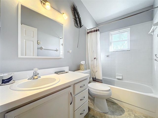 full bathroom featuring toilet, shower / bath combo, and vanity