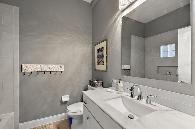 full bathroom featuring toilet, tile patterned floors, shower / bathtub combination, and vanity