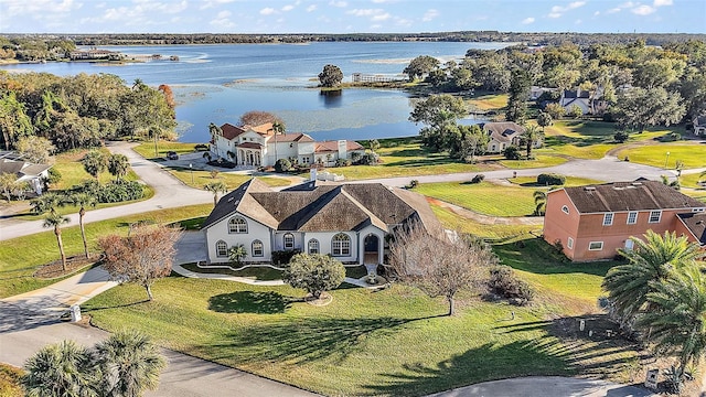 drone / aerial view with a water view