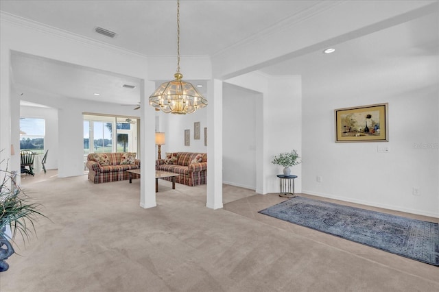 interior space featuring crown molding and a notable chandelier