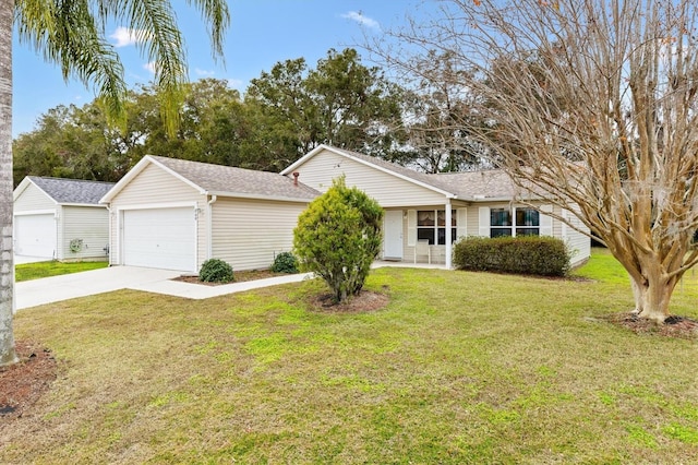 single story home with a front yard and a garage