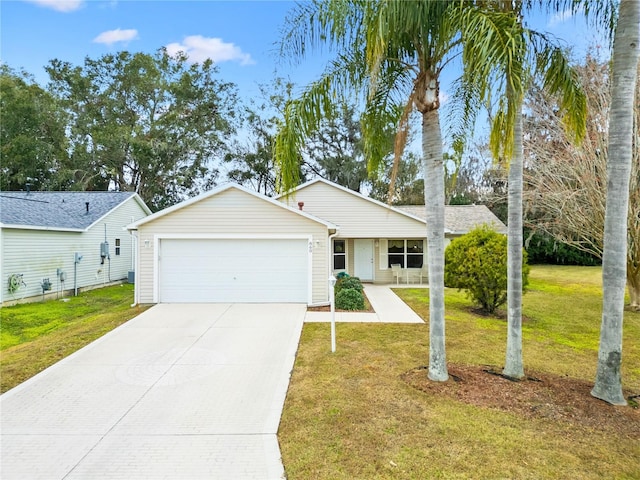 single story home with a front yard and a garage