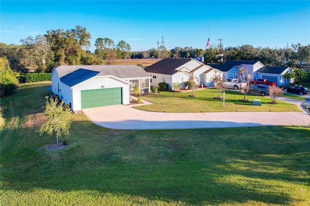 ranch-style house with a garage and a front lawn