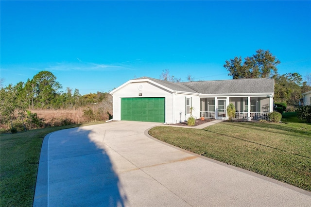 ranch-style house with a front yard and a garage