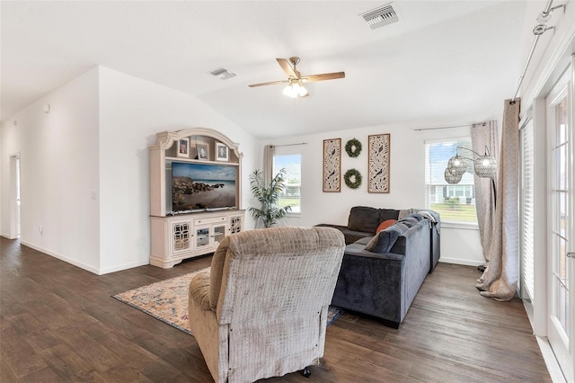 living room featuring ceiling fan, dark hardwood / wood-style flooring, and lofted ceiling