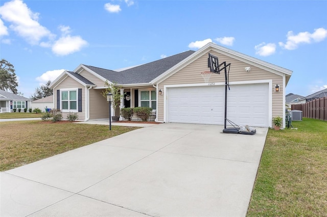 ranch-style house with a garage, a front yard, and cooling unit