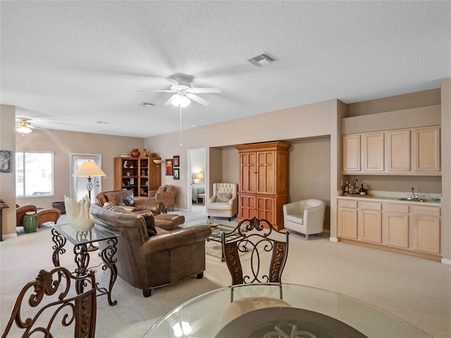 carpeted living room featuring ceiling fan, sink, and a textured ceiling