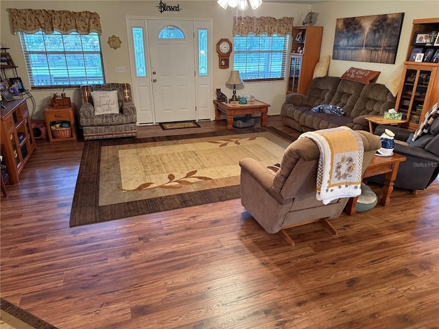 living room featuring plenty of natural light and dark hardwood / wood-style floors