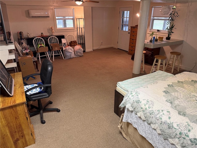 bedroom featuring carpet flooring and an AC wall unit