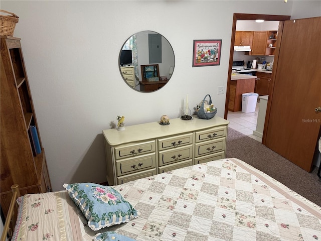 bedroom featuring light carpet