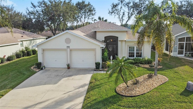 single story home featuring a garage, concrete driveway, stucco siding, roof with shingles, and a front yard