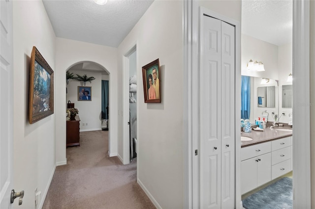 hall with sink, a textured ceiling, and light carpet