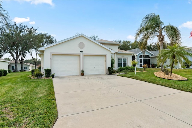 ranch-style home with a garage and a front yard