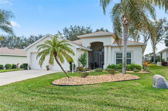 mediterranean / spanish house featuring a front yard and a garage