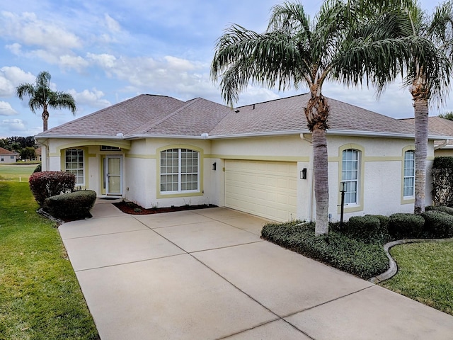 ranch-style house featuring a front yard and a garage