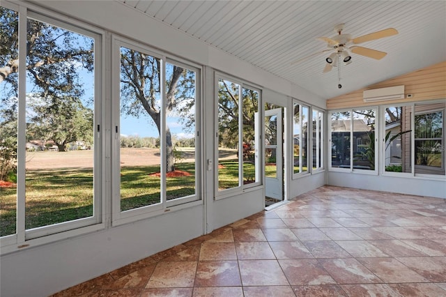 unfurnished sunroom featuring lofted ceiling, a wall mounted air conditioner, wood ceiling, and ceiling fan