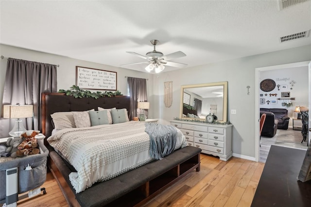 bedroom featuring ceiling fan and light hardwood / wood-style floors