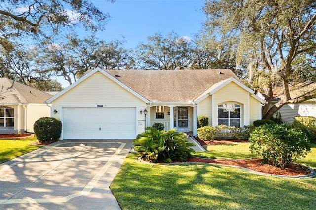 ranch-style house featuring a front yard and a garage