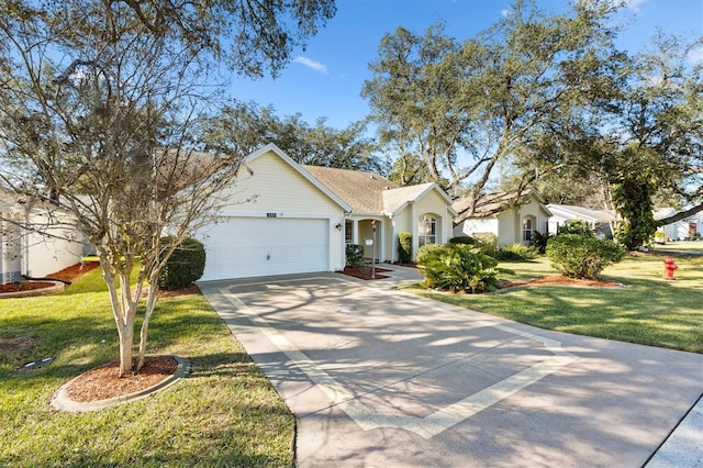 ranch-style home with a front lawn and a garage