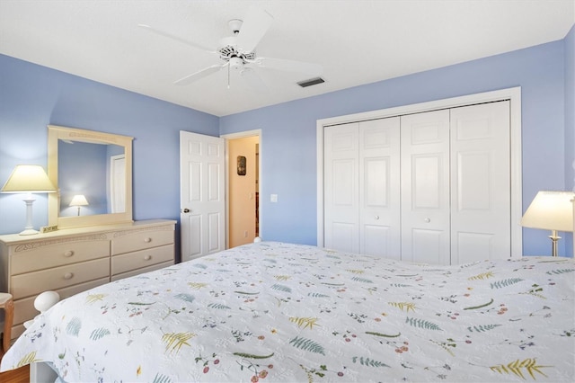 bedroom featuring ceiling fan and a closet