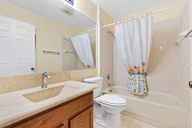 full bathroom with toilet, vanity, a textured ceiling, and shower / bath combo with shower curtain