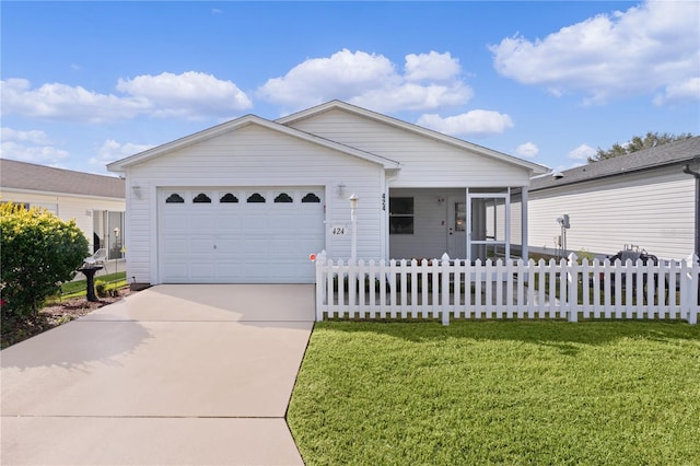 single story home featuring a garage and a front yard