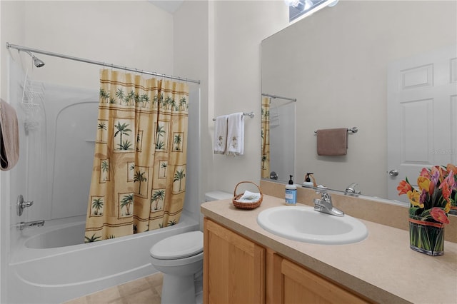 full bathroom featuring vanity, shower / bath combination with curtain, and toilet