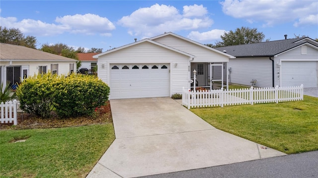 single story home with a garage and a front yard